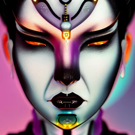 Prompt: A cybernetic geisha face, geisha face paint, cyborg, intricate artwork by Tooth Wu and beeple, greg rutkowski and artgerm and justin gerard, cinematic, hyper realism, high detail, octane render, unreal engine, 8k, Vibrant colors, Smooth gradients, High contrast, depth of field, aperture f2.8