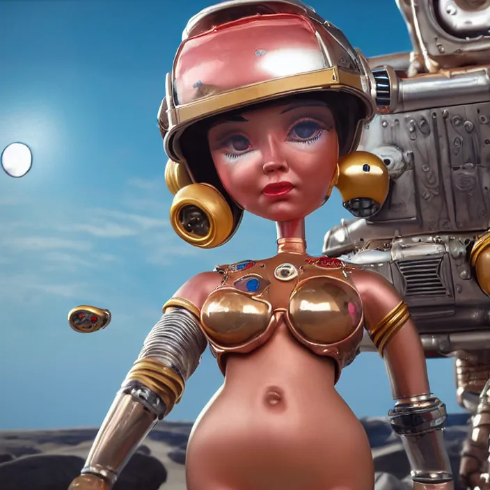 Image similar to highly detailed closeup, portrait of a tin toy bikini spacegirl in a spaceship on mars, unreal engine, nicoletta ceccoli, mark ryden, earl norem, lostfish, global illumination, detailed and intricate environment
