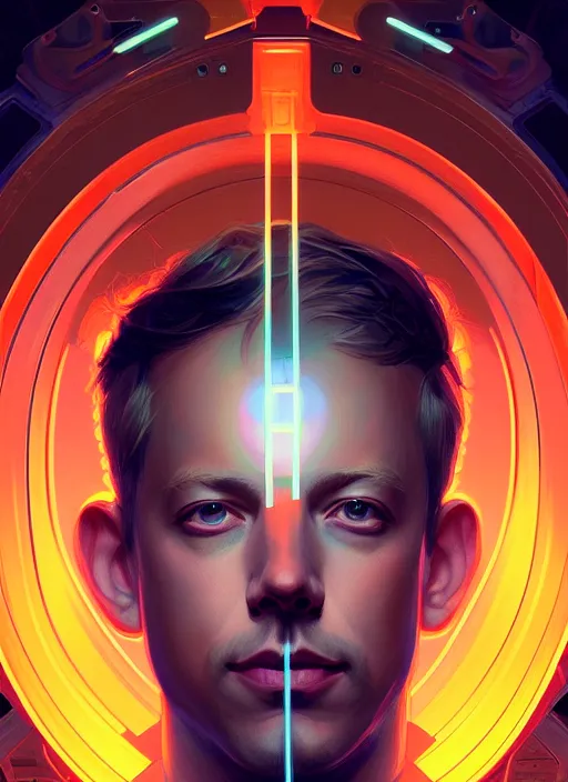 Image similar to symmetry portrait of steve huffman from reddit, sci - fi, tech wear, glowing lights intricate, elegant, highly detailed, digital painting, artstation, concept art, smooth, sharp focus, illustration, art by artgerm and greg rutkowski and alphonse mucha