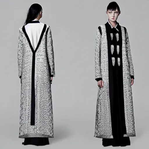 Image similar to fashion 2 0 5 0 fantastic openwork long coat with intricate pattern on a beautiful symmetrical girl with blue hair, hyper realistic photos