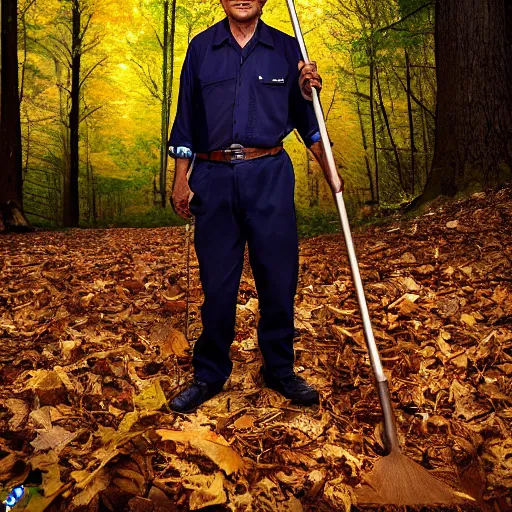 Image similar to closeup portrait of a cleaner with a huge rake in a fall forest, sports photography, by Neil Leifer and Steve McCurry and David Lazar, natural light, detailed face, CANON Eos C300, ƒ1.8, 35mm, 8K, medium-format print