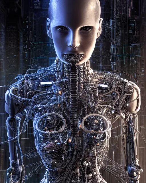 Prompt: portrait photo of a biomechanical torso of an elegant cyborg plugged into a quantum computer with cables and wires and optic fibers. cyberpunk horror style. art by luis royo. highly detailed 8 k. intricate. nikon d 8 5 0 5 5 mm. award winning photography.