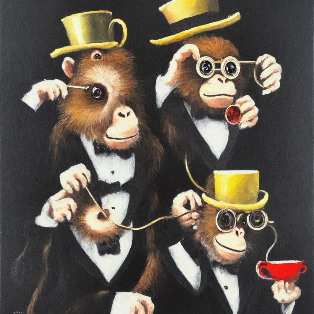 Image similar to one monkey wearing a monocle and a top hat drinking tea, brush strokes, oil painting