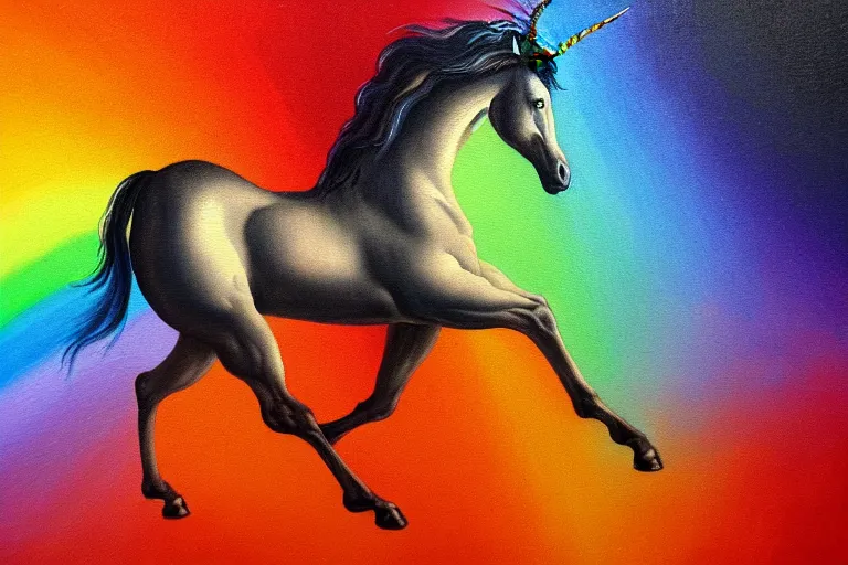 Image similar to detailed traditional painting of a unicorn walking on a rainbow, ((rainbow)) by Caravaggio, authentic, masterpiece, brush strokes, trending on artstation