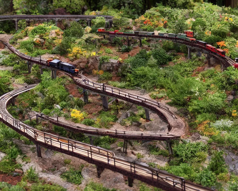 Image similar to close-up, hi-res photo of miniature model train crossing a trestle over a garden creek.