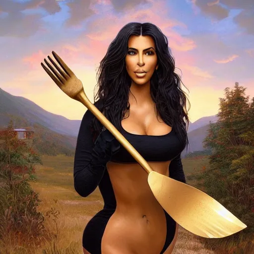 Prompt: clear portrait of kim kardashian holding a golden shovel, golden hour background, cottagecore!!, hyper detailed, character concept, full body, dynamic pose, intricate, elegant, highly detailed, digital painting, artstation, concept art, smooth, sharp focus, illustration, art by artgerm and greg rutkowski and alphonse mucha