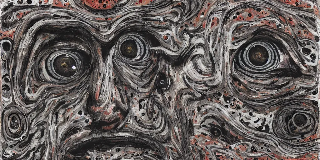 Prompt: camo made of eyes, technical, acrylic, teeth, eerie, tribal, clay, dotting, lines, stipple, points, cybernetic, style of old painting, francis bacon art, swirly eyes, hypnosis, eerie, terror, oil, neon, black and white background, splotches, colorful dots, ominous, terror, teeth, smiles