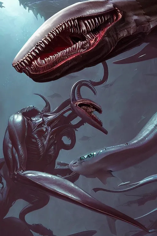 Image similar to xenomorph mixed with shark with extra teeth, underwater, highly detailed, digital painting, artstation, concept art, smooth, sharp focus, illustration, unreal engine 5, 8 k, art by artgerm and greg rutkowski and alphonse mucha