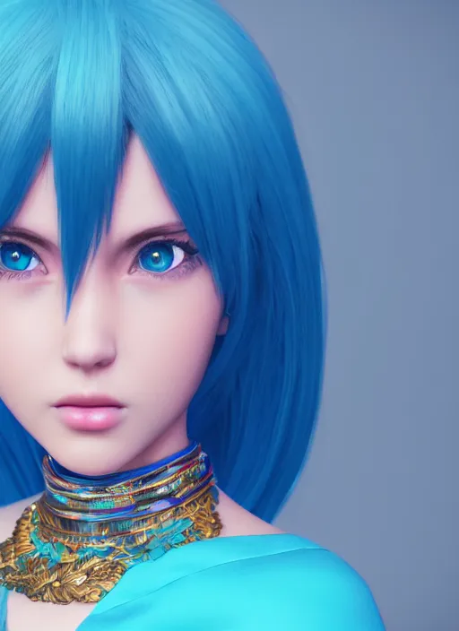 Image similar to portrait of a beautiful girl with turquoise hair and a blue dress, intricate jewelry, genshin impact, realistic anime, sharp focus, octane render, trending on artstation, 8k