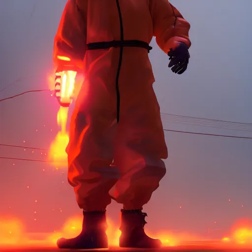 Prompt: villain wearing a big oni mask, orange hazmat suit, dark background, unreal engine 5, ultra realistic, detailed, fog, volumetric lighting, by greg rutkowski,