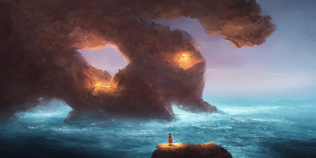 Prompt: a cavern on the edge of a cliff overlooking the ocean at night by Jessica Rossier, trending on artstation