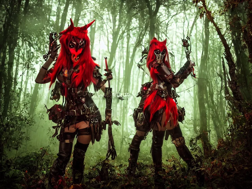 Image similar to mystical monsters in forest hunting on gamekeeper - red ridding hood. she wearing a steampunk and neonpunk mechanical fluorescent mystical animal masks. realistic fornite style. full body. product introduction photos. luminescent, elements, by stanley artgerm lau. epic cinematic shot, perfectly defined features, ambient occlusion