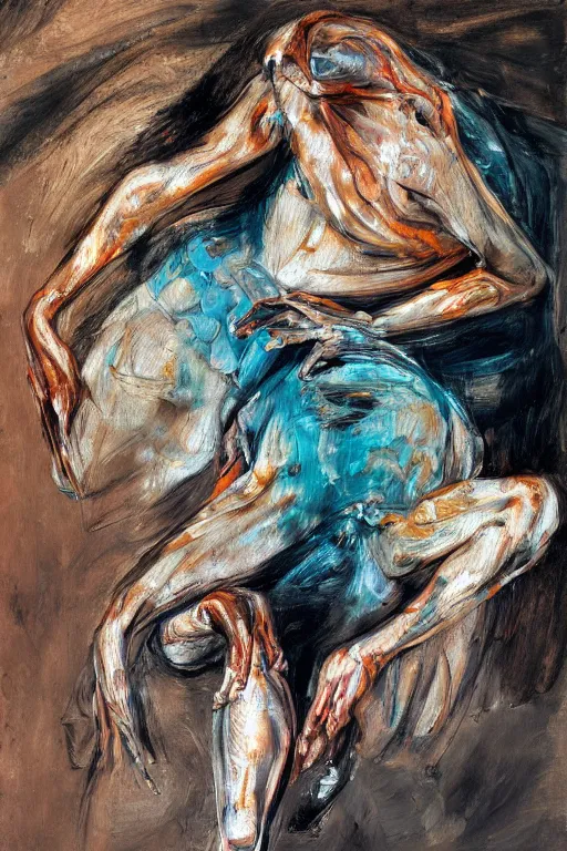 Image similar to high quality high detail painting of a ballerina in agony by lucian freud and jenny saville and francis bacon, hd, dark demonic dancer, turquoise and orange