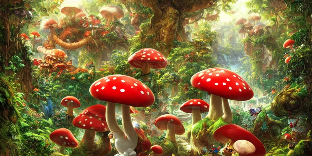 Prompt: Yoshi jumping out of Warp pipe, jungle landscape, Mushroom Kingdom, Super Mario Theme, giant red and white spotted mushrooms, by Stanley Artgerm Lau , greg rutkowski, thomas kindkade, alphonse mucha, loish, norman Rockwell