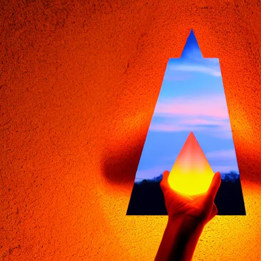 Image similar to a small glowing orange pyramid floating above an open palm, dark lighting