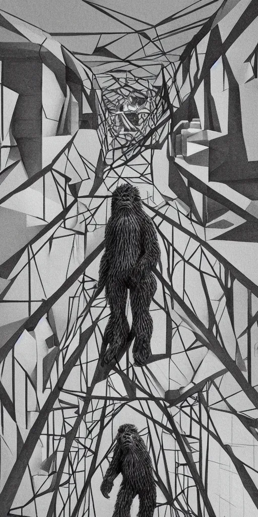 Prompt: big foot painting a picture of himself in the style of escher and monet, 8k, unreal engine