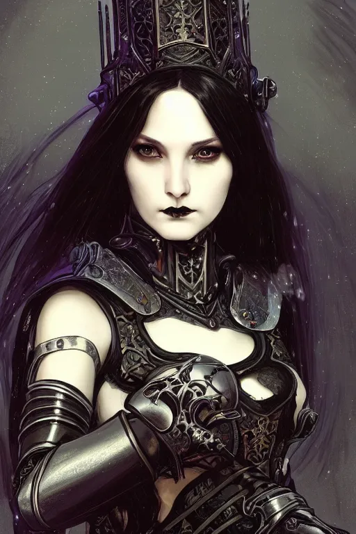 Image similar to beautiful luxury and gothic and victorian and evil young female medieval black armor knight portrait+smoky eyes+front face with light flowing hair, ultradetail face, art and illustration by tian zi and craig mullins and WLOP and alphonse mucha, ssci-fi, fantasy, intricate complexity, human structure, hypermaximalist, fantasy character concept, dynamic lighting, neon light, watermark, blurry, hyperrealism 8k