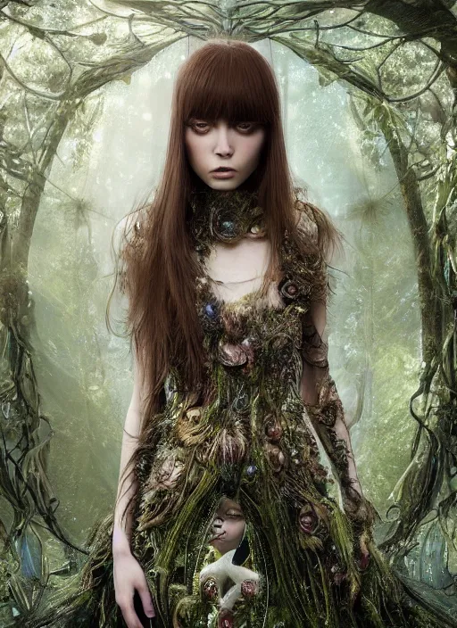 Prompt: a beautiful hyperrealistic ultradetailed 3D, one girl, long hair, long bangs, in a magnificent McQueen couture clothes on the background of a futuristic forest, Designer clothes, futuristic clothes, clothes from the future, biopunk, voge photo, fashion style, fullbody, in full growth, intricate, elegant, highly detailed, artstation, concept art, smooth, sharp focus, illustration, art by greg rutkowski and orientalism and bouguereau and Zdzislaw Beksinski, good clear quality, lighting, biology