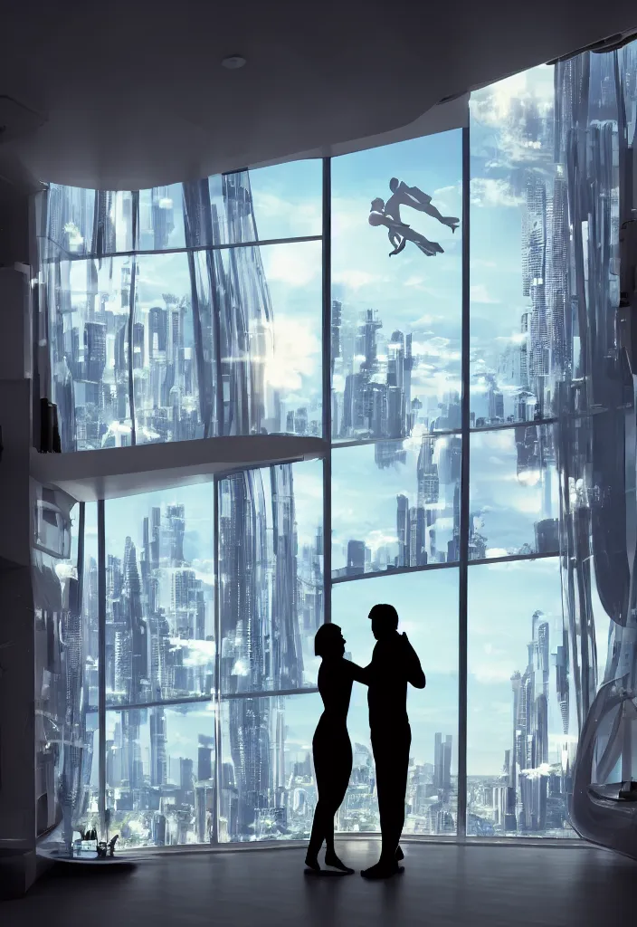 Image similar to silhouette of hugging couple in a futuristic appartment, window with a futuristic city, rossdraws, global illumination, radiant light, detailed and intricate environment