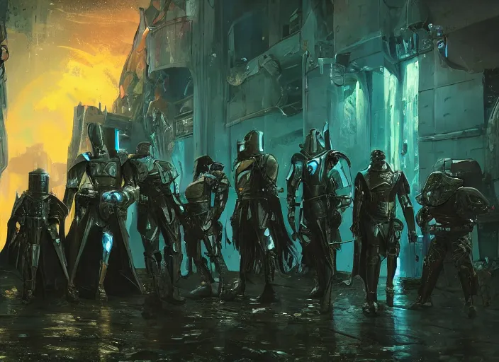 Prompt: a group of medieval cyberpunk knights in a scenic environment, armor inspired by blade runner and boba fett, cybernetic implants, beautiful digital art, action pose, epic lighting, epic composition, sharp focus