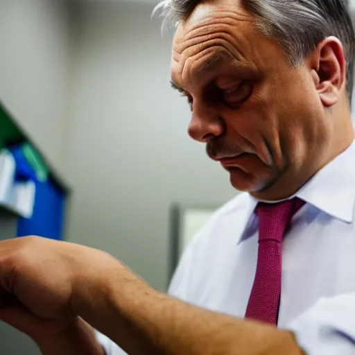 Image similar to viktor orban fixing his tie in a cubicle, oil painting