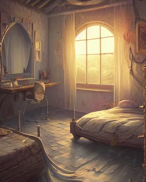 Prompt: beautiful painting of a elven bedroom, art by mike winkelmann, golden hour, illustration, highly detailed, simple, smooth and clean vector curves, no jagged lines, vector art, smooth, artstation