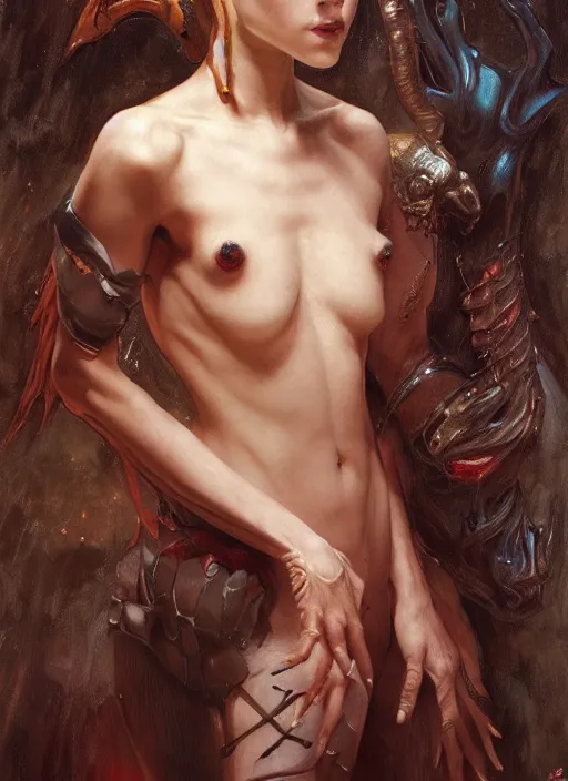 Image similar to half demon half human intricate skin latex, elegant, peaceful, full body, horns, hyper realistic, extremely detailed, dnd character art portrait, fantasy art, intricate fantasy painting, dramatic lighting, vivid colors, deviant art, artstation, by edgar maxence and caravaggio and michael whelan and delacroix.