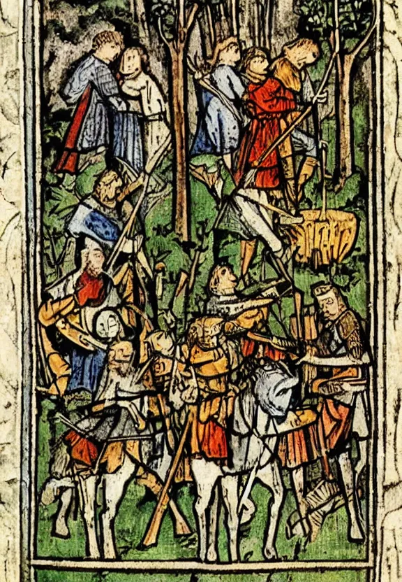 Prompt: Clear medieval illustration of Robin Hood and the merry men in the forest