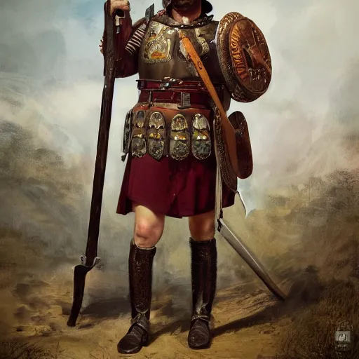 Image similar to a roman legionnaire soldier in a 1 9 0 0 s french army. large square shield. bayonetted musket. trending on art station. 8 k. beautifully detailed. subject fully in frame. fantasy. hyper realistic.