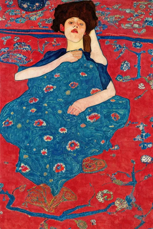 Image similar to girl waer detailed red arabesque blue dress and lay down on a detailed navy persian carpet with a big tree palm persian pot, painting by egon schiele