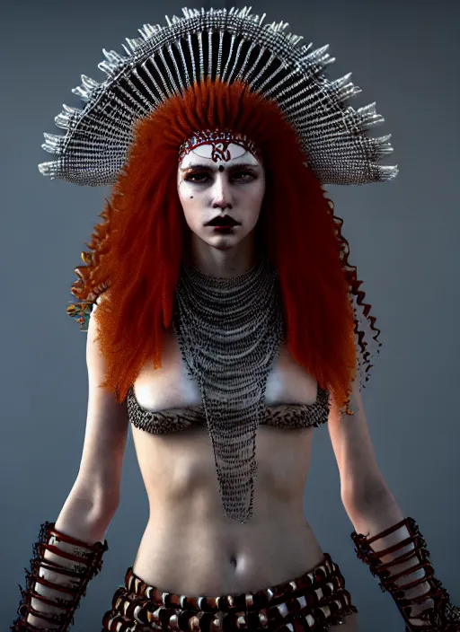 Prompt: a single fierce looking beautiful young woman with curly red hair and symmetrical white makeup, wrapped in chainmail, wearing an intricate headdress made from bones and leather, painted by turner, intricate linework, unreal engine 5 highly rendered, global illumination, radiant light, detailed and intricate environment