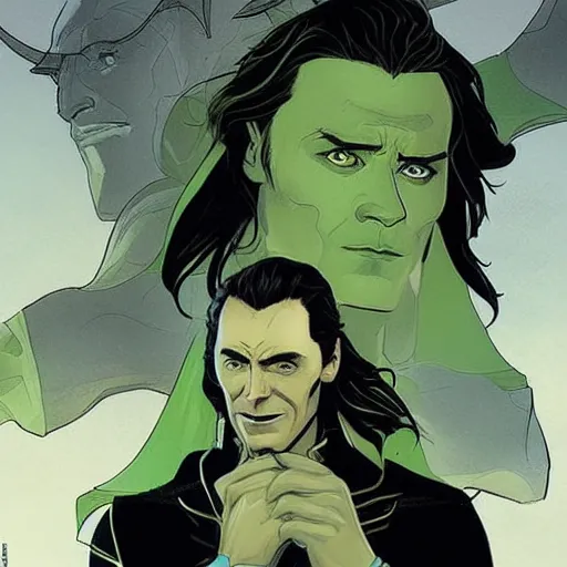 Prompt: The artwork is conceptual artwork for a graphic novel that shows Loki, the god of mischief, in a variety of emotional states. Lee Garbett produced the artwork in 2015. The illustration is wonderfully detailed, and each expression on Loki's face is well captured.