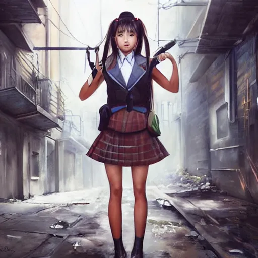 Image similar to a perfect, hyperrealistic professional oil painting of a Japanese schoolgirl posing in a dystopian alleyway, style of Marvel, full length, by a professional American senior artist on ArtStation, a high-quality hollywood-style concept