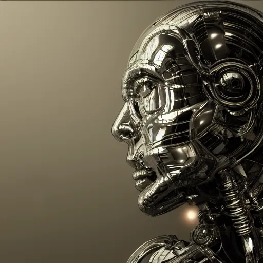 Prompt: humanoid chrome robot designed by h. r. giger - studio photo - backlight - reflections - volumetric fog - color lights, masterpiece, cinematic, hyperdetailed, photorealistic, hyperrealism, octane rendering, depth of field