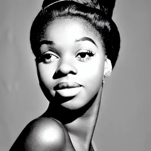 Image similar to black and white photo of a beautiful and elegant 1 9 6 5 young black actress