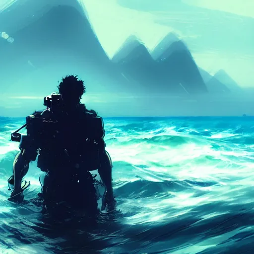 Prompt: man in the ocean looking for wifi by Akihito Yoshitomi AND Yoji Shinkawa AND Greg Rutkowski, Mark Arian trending on artstation