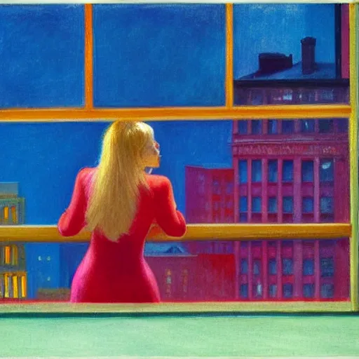 Prompt: blonde girl looking out the window of her hotel room, rainy night, neon lighting, by Edward Hopper