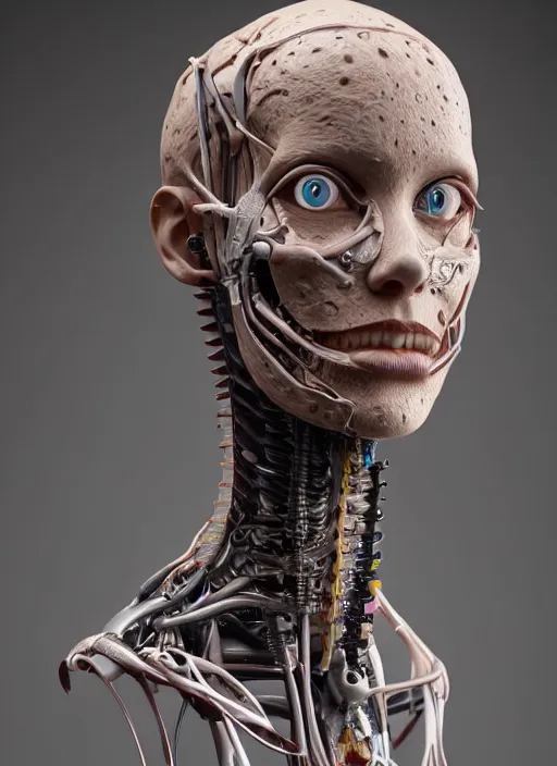 Image similar to an orthographic bust sculpture of anatomical female detailed cyborg, veins, mechanical parts, studio lighting by Wes Anderson