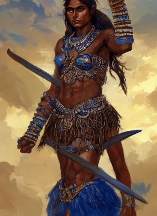 Image similar to highly detailed painting of a warrior goddess maldivian, tan skin, blue - eyes, high fantasy, dungeons and dragons art by jon foster trending on artstation