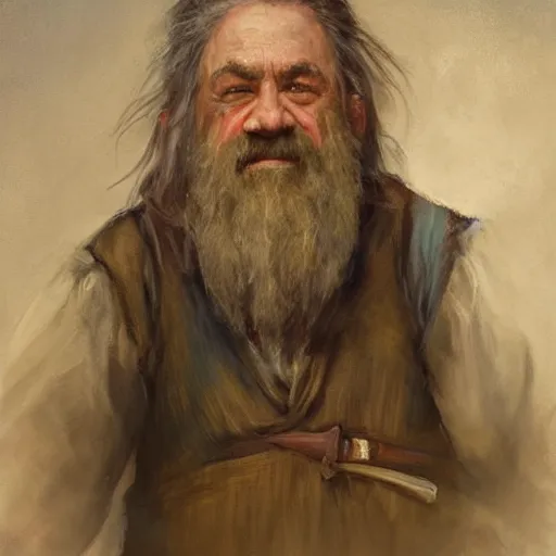 Prompt: Solomon Joseph Solomon and Richard Schmid and Jeremy Lipking victorian genre painting portrait painting of a old rugged actor dwarf warrior from the hobbit , red background