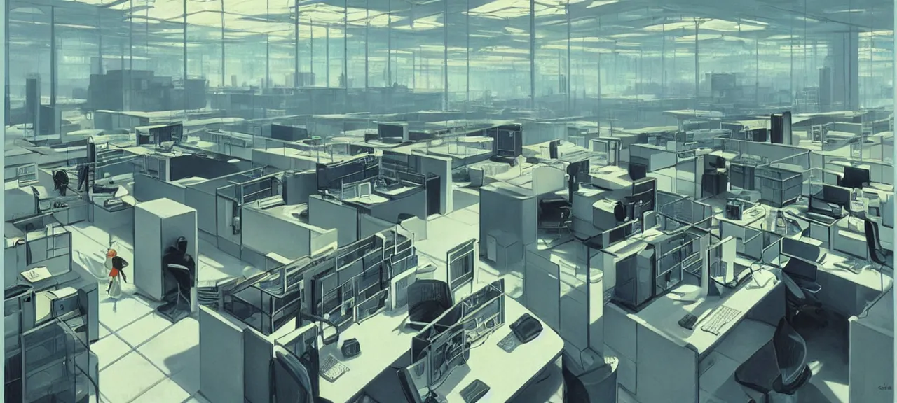 Prompt: dystopian office space with cubicles, vintage computers, neon light, giant screens on the walls, atrium, concrete walls, no windows, concept art by syd mead