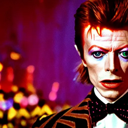 Image similar to awe inspiring David Bowie pkaying Willy Wonka 8k hdr movie still dynamic lighting