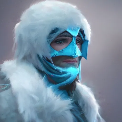 Image similar to “ fantasy snow bandit ‘ icewind dale ’ with ice blue mask, ice gem, ‘ icewind dale 2 ’ profile portrait by ‘ justin sweet ’, soft focus, illustrated, oil paint, artstation ”