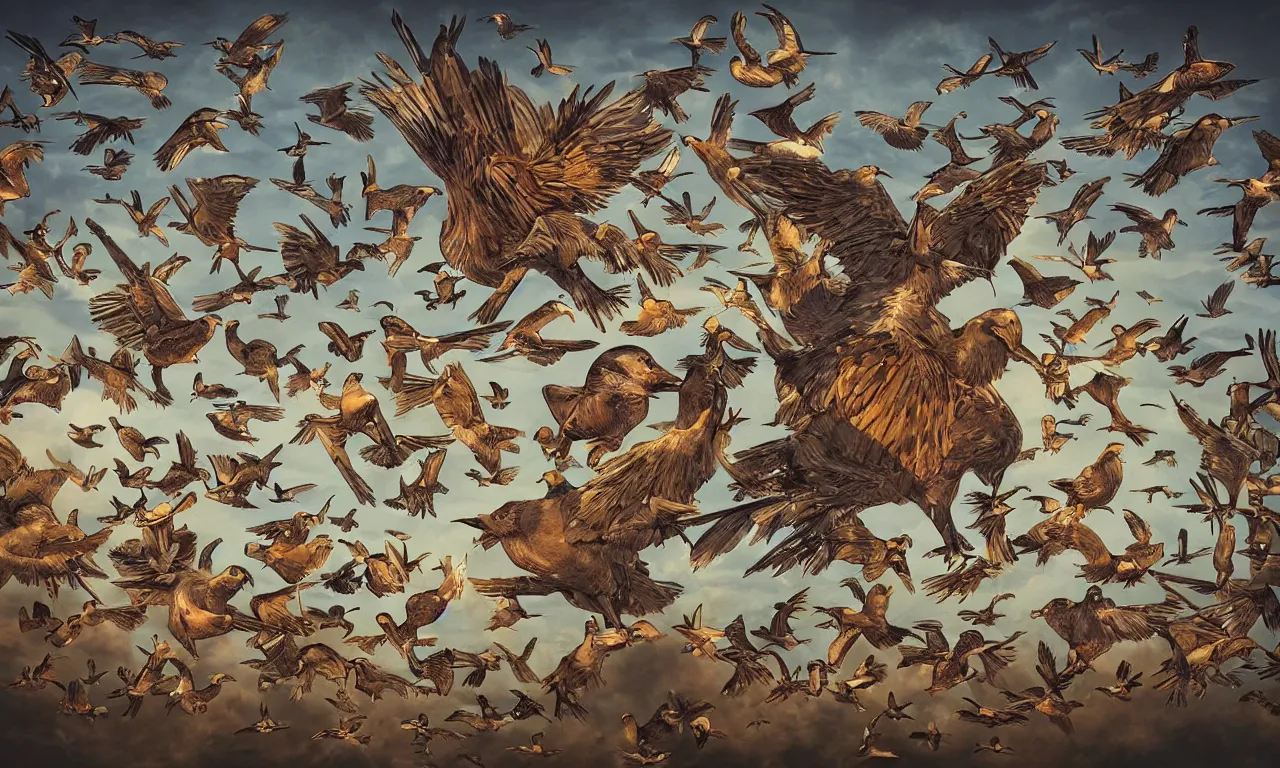 Image similar to discworld theme, flocking birds, 3 d art, digital illustration, perfect lighting