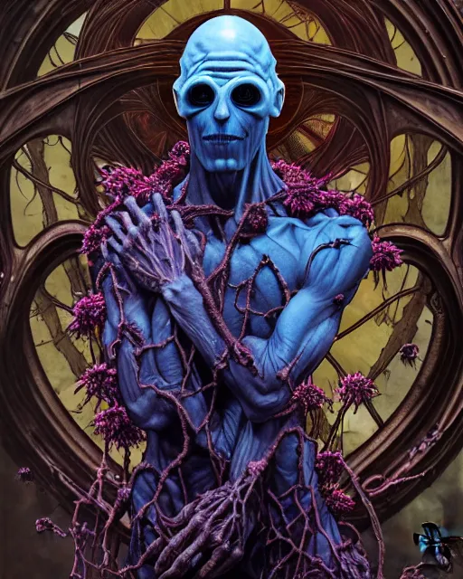 Prompt: the platonic ideal of flowers, rotting, insects and praying of cletus kasady ultimate carnage thanos dementor doctor manhattan chtulu nazgul bioshock, vitarka mudra, detailed, intricate, hyperrealism, intense, scary, decay, dmt, art by brock hofer and artgerm and greg rutkowski and alphonse mucha