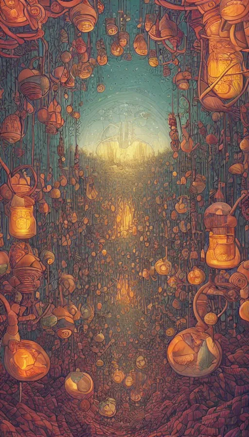 Image similar to The land of the dreaming surrounded by luminous jars full of dreams, futurism, da vinci, Dan Mumford, Josan Gonzalez