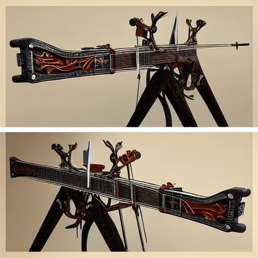 Prompt: a guitar crossbow, intricate, detailed, realistic, trending on artstation