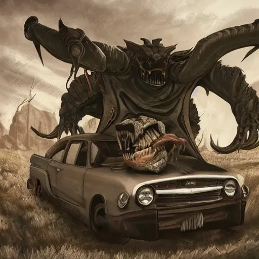 Image similar to photo of the deathclaw monster inside the car, artstation