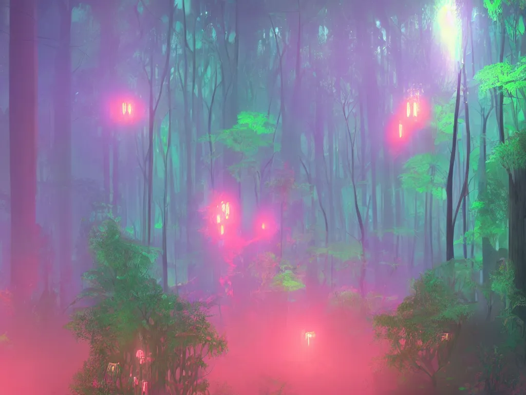 Prompt: neo-gothic bioluminiscent woodland details, Afrofuturism vaporwave style, bioluminiscent fireflies, layered fog, moody volumetric lighting, digital arts, 8K