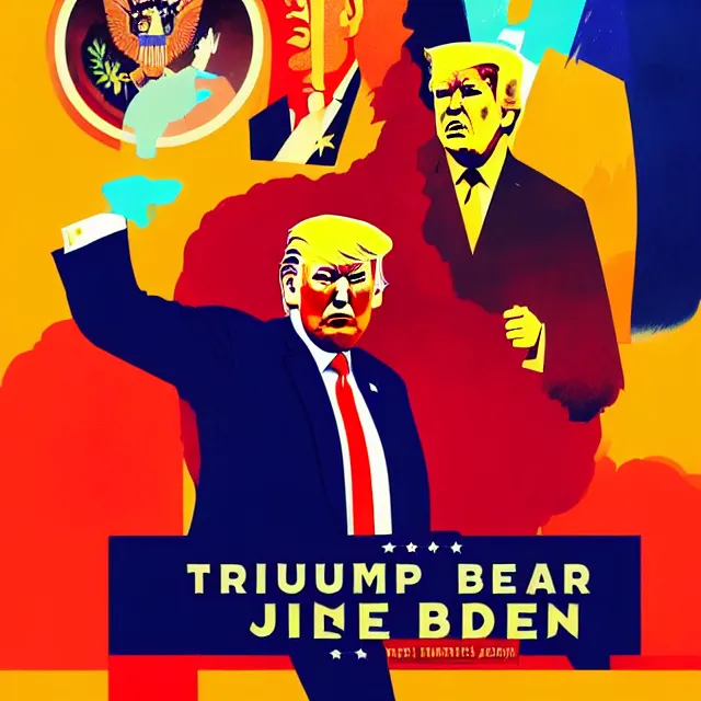 Prompt: a beautiful painting of trump vs joe biden by sachin teng and pascal blanche and john harris and greg rutkowski. in style of futurism art. ( ( colorful comic ) ), film noirs, brush stroke, vibrating colors, hyper detailed. 4 k texture. octane render. trending on artstation